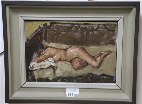 Paul Ayshford Lord Methuen (1886-1974) oil on board, Reclining female nude Gloria, 1951, 25 x 36cm.